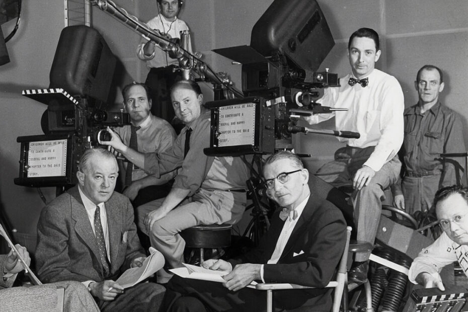 black and white photo of a group of men sitting around cameras with old paper wound autocues